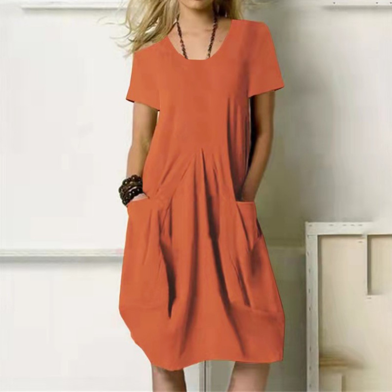 thumbnail image 2 of Vestido largo bohemio para mujer talla grande - Manga corta, cuello en V, estampado floral - Poliéster ligero, informal para la oficina/vacaciones/fiestas, 2 of 8
